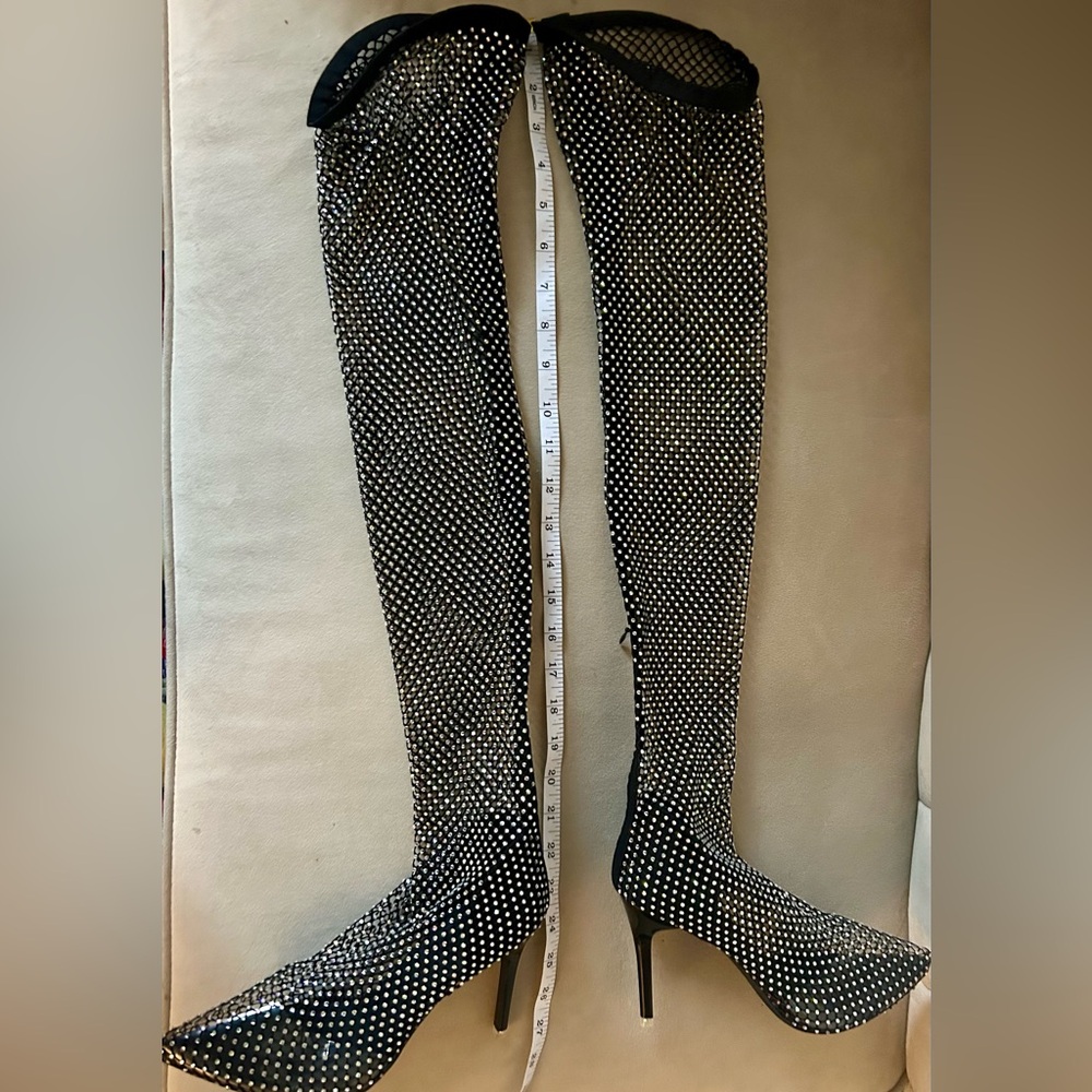 PullOn See through Stiletto Glam Glitz Rhinestone Tall Boots mesh like knee high